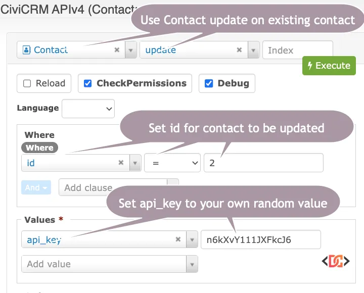 Add api_key for desired contact with Api Explorer