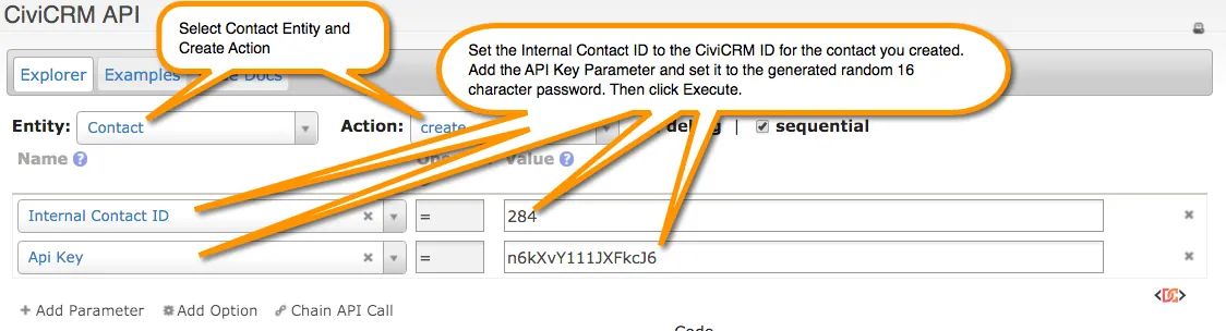 Use CiviCRM API Explorer to set the API key for newly created contact